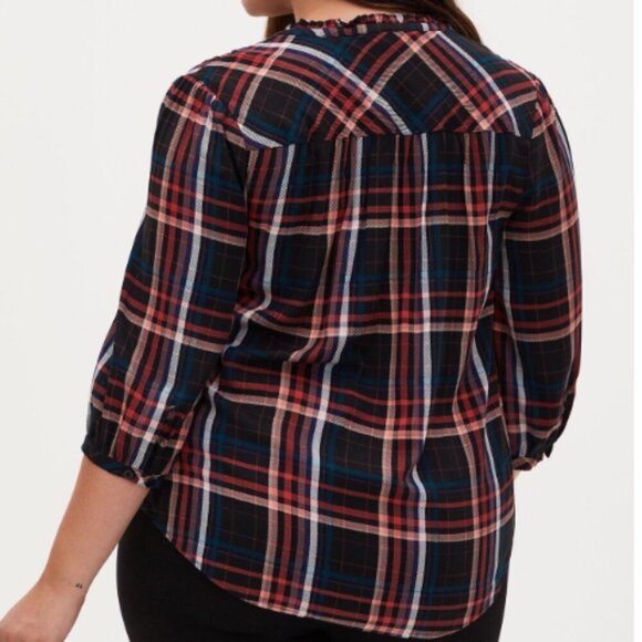 Torrid Rayon Twill Tie Neck Peasant Top, Plaid - Picture 2 of 8